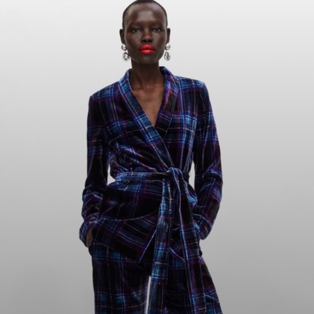 Zara Blue Plaid Velour Jkt/Pants/ Belt